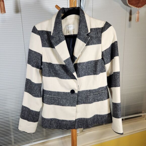 Ann Taylor LOFT $160 Size 0 Wool Blend Blue Cream Stripe Blazer Coat Jacket - Picture 1 of 7